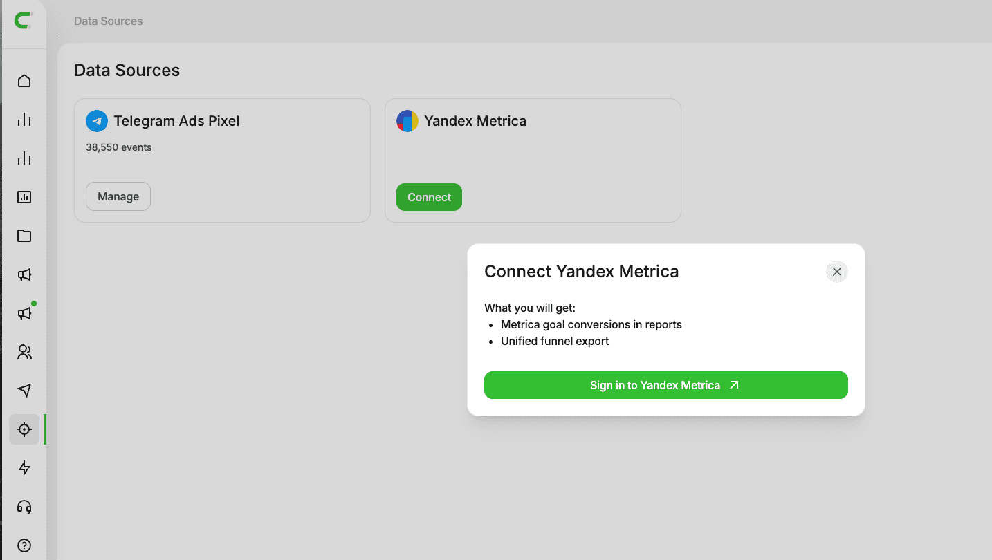 Connect and Sign in to Yandex Metrica buttons