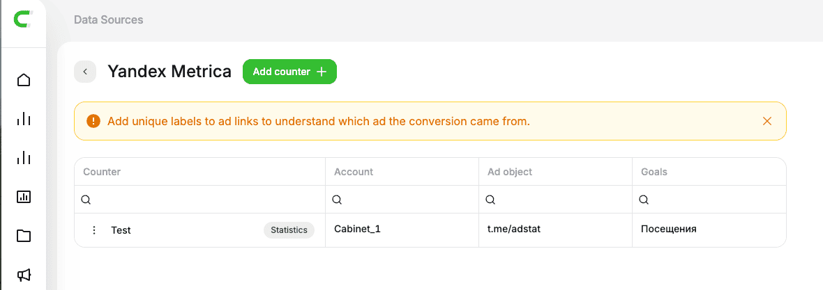 Connected counter in the Yandex Metrica section