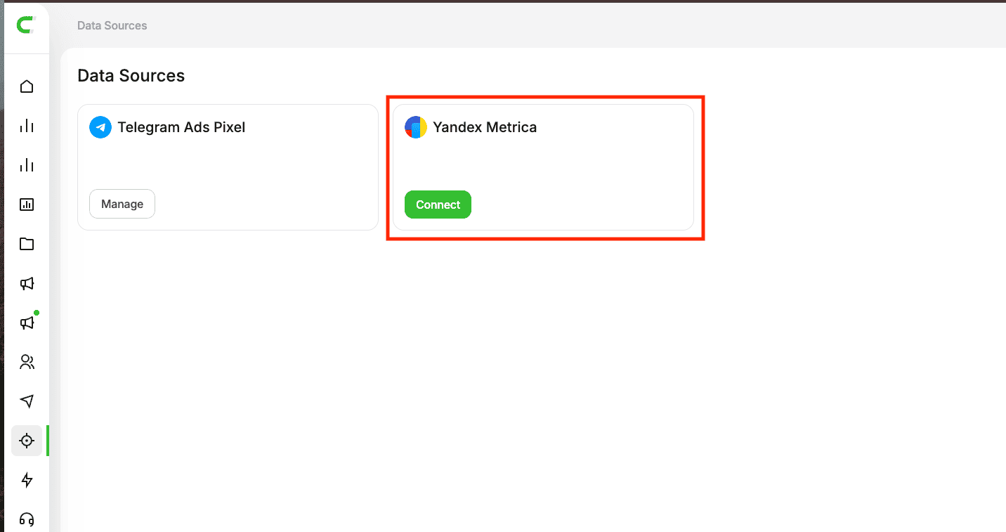 Yandex Metrica item on the data sources page
