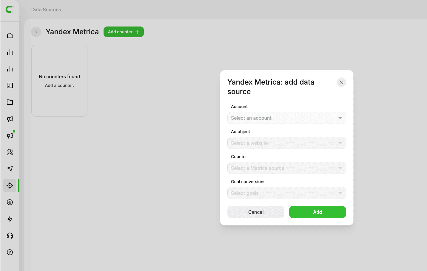Selecting account, counter, promoted object, and goals